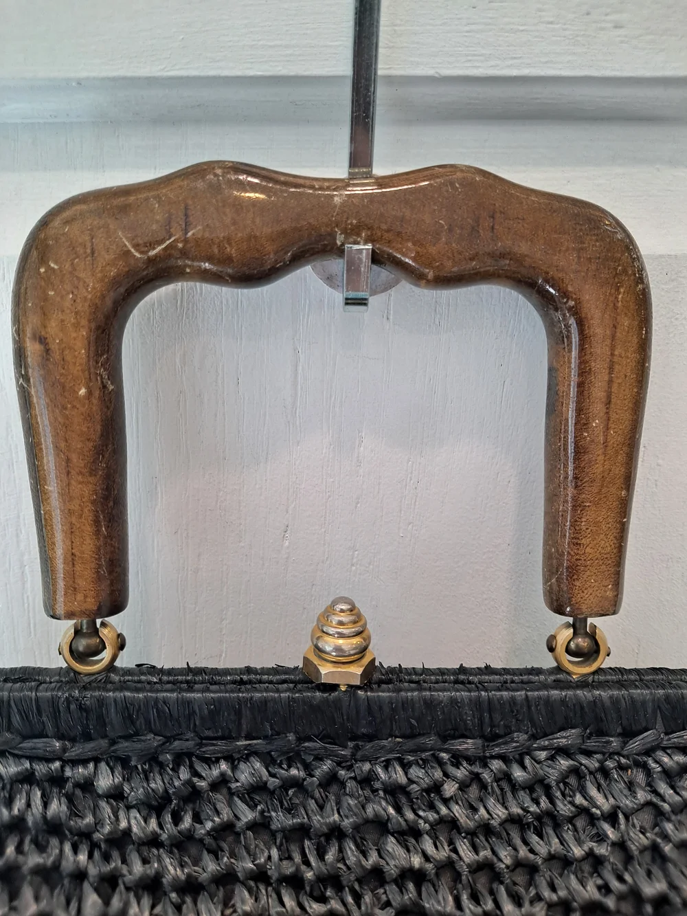 Bags By Dominic Italian Rare 50s Vintage Black Woven Beaded Wood Top-Handle